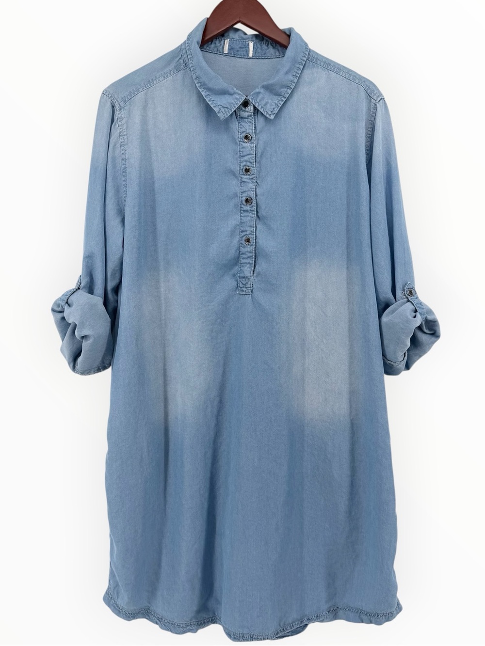 Time and Tru Chambray Shift Dress Light Wash Roll Tab Long Sleeve XL No Size Tag